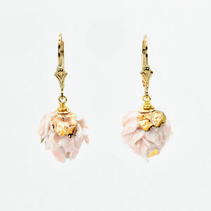 Pink porcelain artichoke earrings, leverbacks gold-filled,  embellished with 24K gold